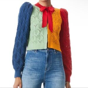 Alice + Olivia CARDIGAN SWEATER KITTY PUFF SLEEVE MULTICOLORED SMALL NWT